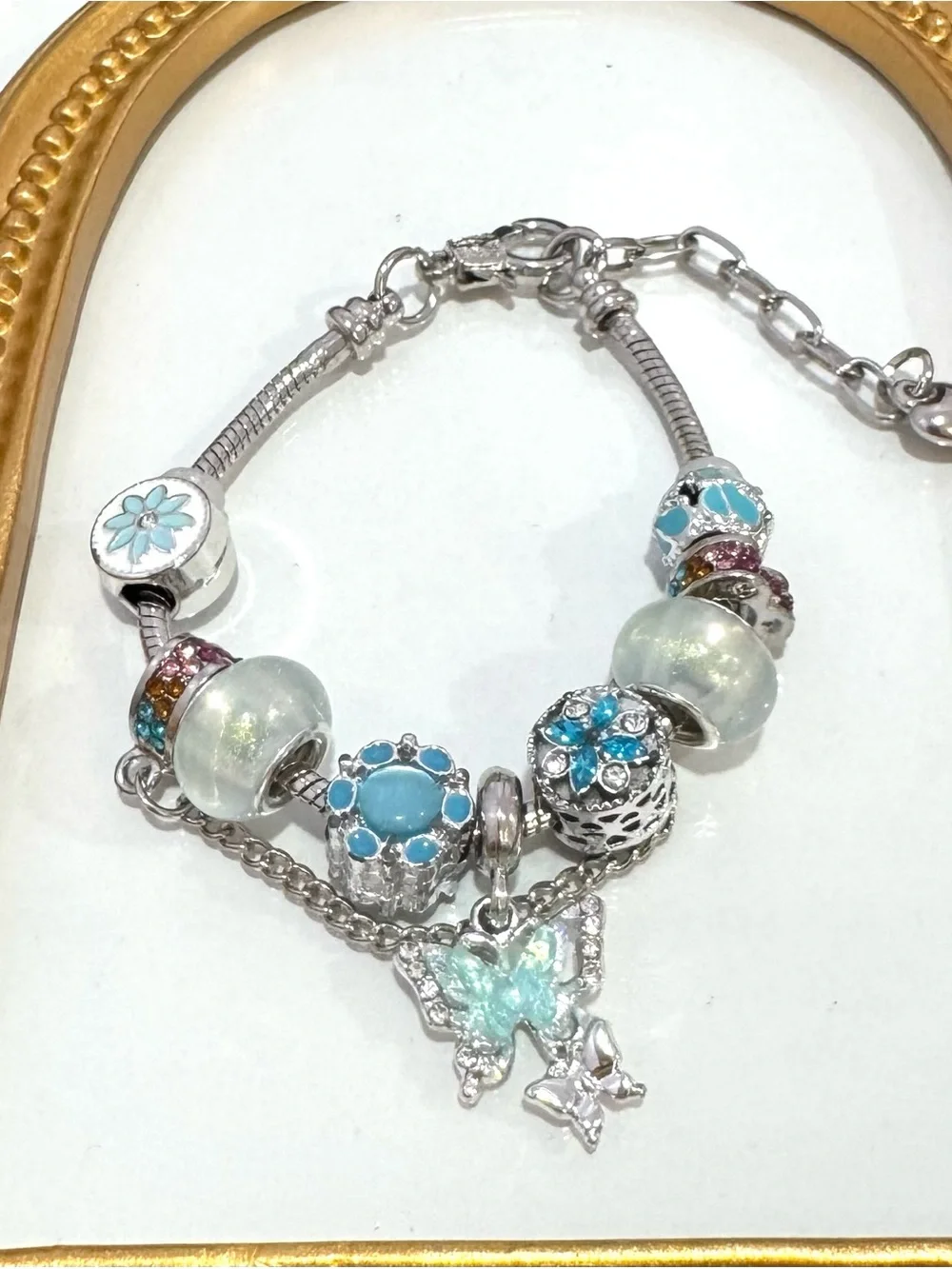 New Stainless Steel Charm Bracelet w/ Blue Charms 7 inches plus extender